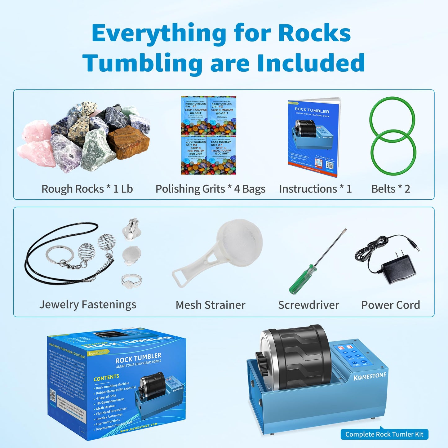 KomeStone Professional Rock Tumbler Kit – 4lb Barrel, Brushless Motor, Adjustable Speed, 9-Day Timer