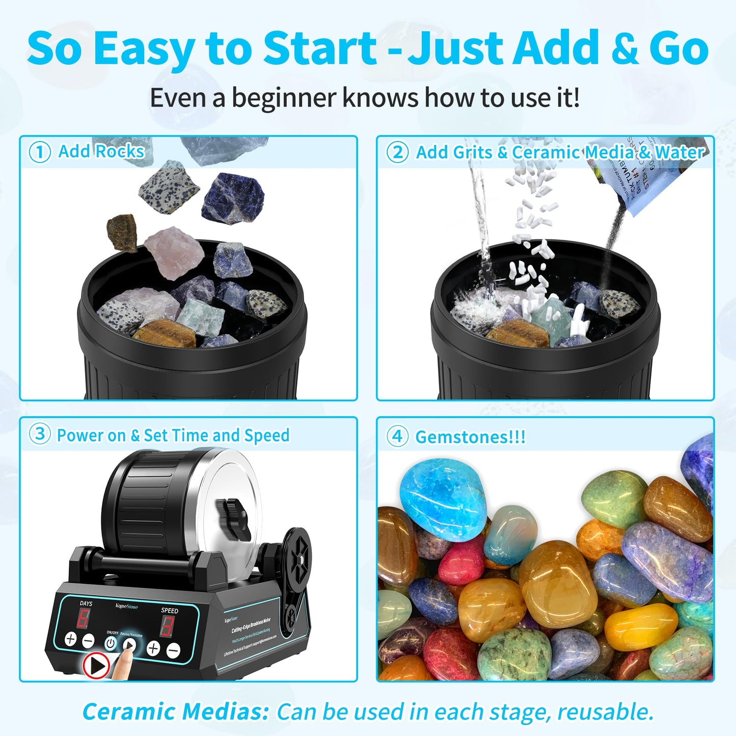 KomeStone K1 Pro Rock Tumbler Kit with Brushless Motor — 2.5lb Barrel, 3-Speed, 9-Day Timer