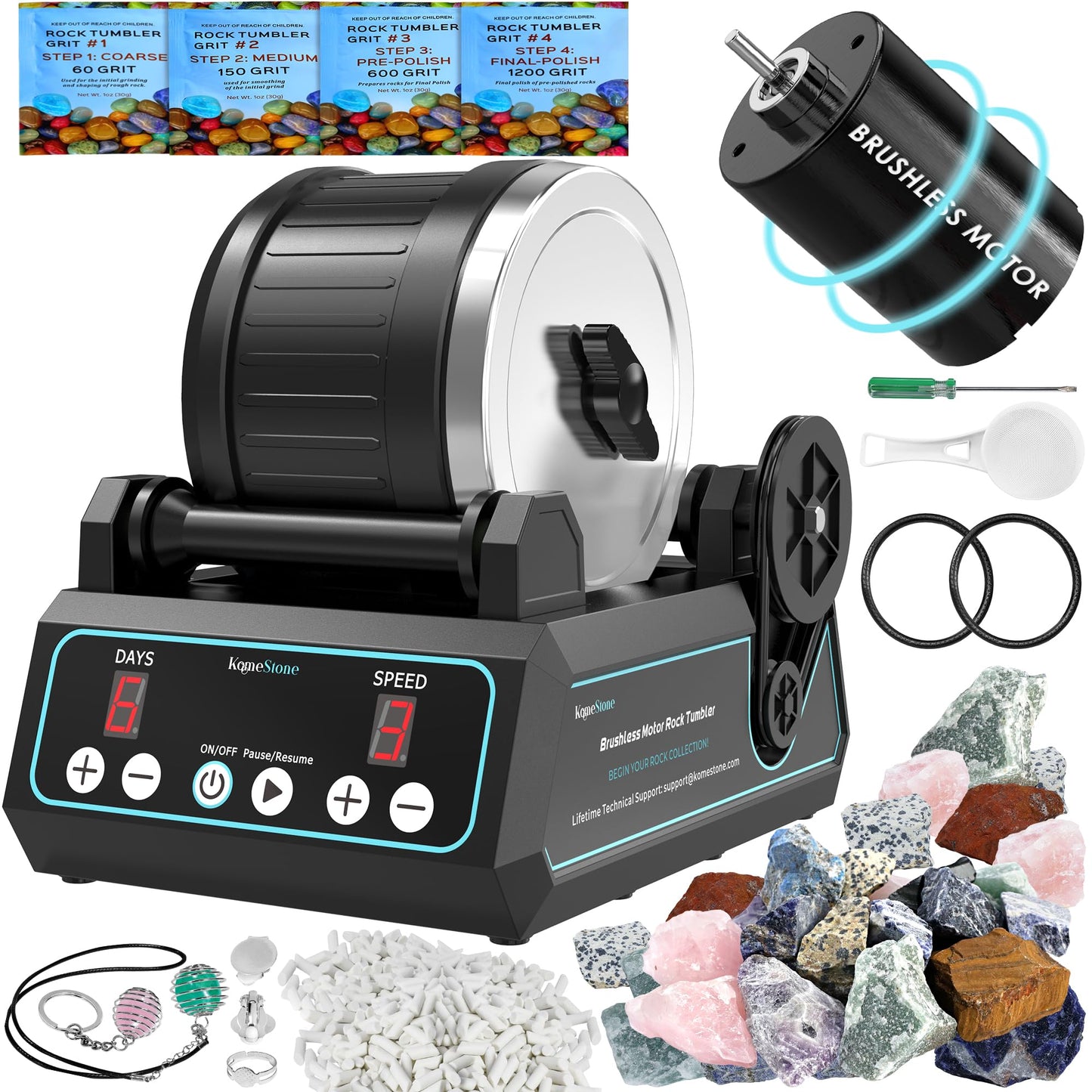 KomeStone K1 Pro Rock Tumbler Kit with Brushless Motor — 2.5lb Barrel, 3-Speed, 9-Day Timer
