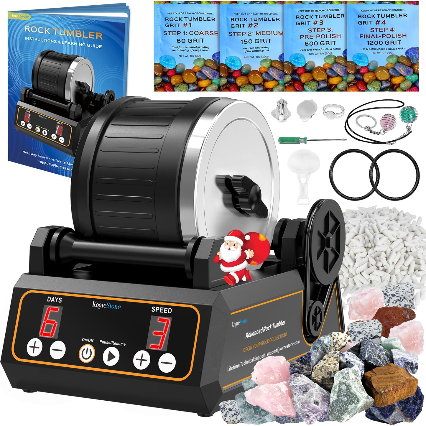 KomeStone K1 Rock Tumbler Kit – Large 2.5lb Capacity, Memory, Timer & 3 Speeds