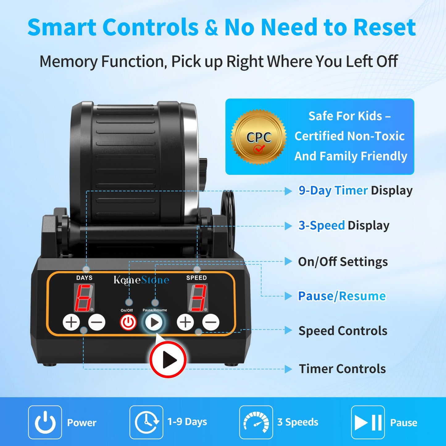 KomeStone K1 Rock Tumbler Kit – Large 2.5lb Capacity, Memory, Timer & 3 Speeds