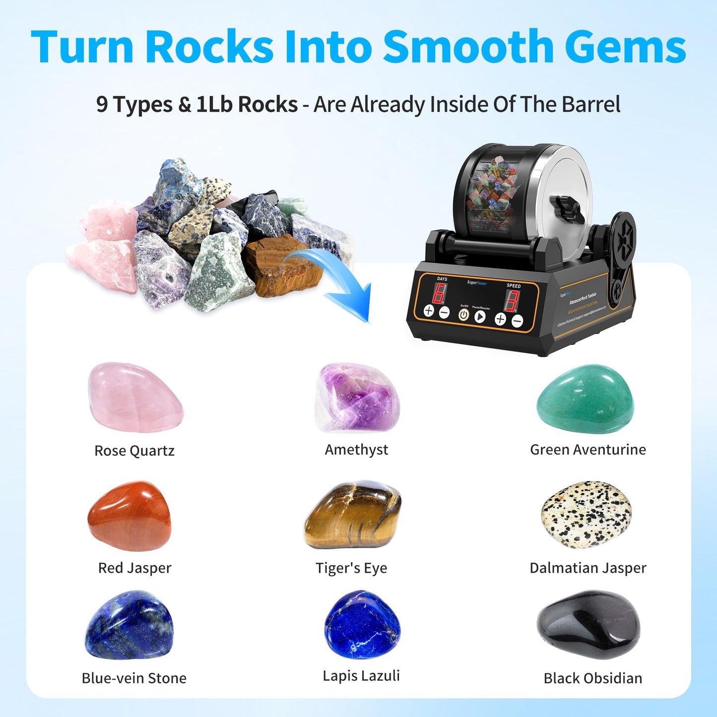 KomeStone K1 Rock Tumbler Kit – Large 2.5lb Capacity, Memory, Timer & 3 Speeds