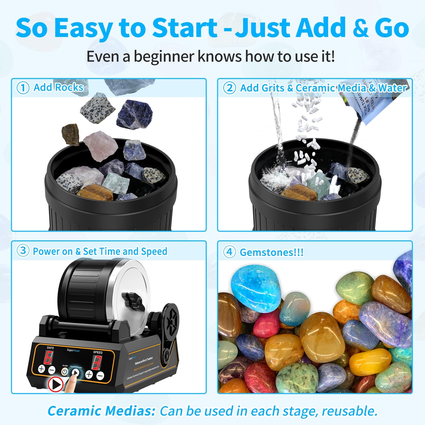 KomeStone K1 Rock Tumbler Kit – Large 2.5lb Capacity, Memory, Timer & 3 Speeds