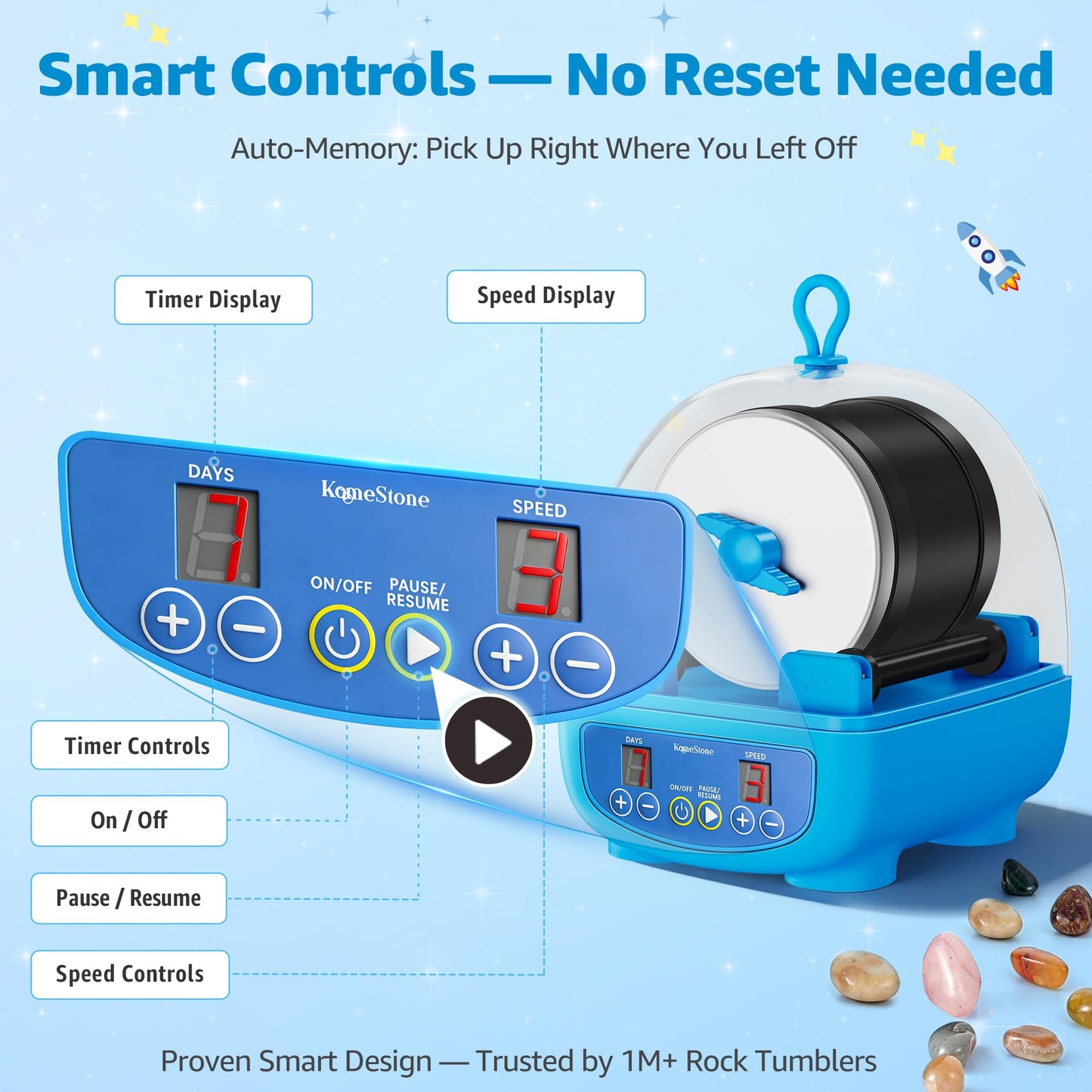 KomeStone K5 Rock Tumbler for Kids & Beginners – Quiet, Complete Starter Kit