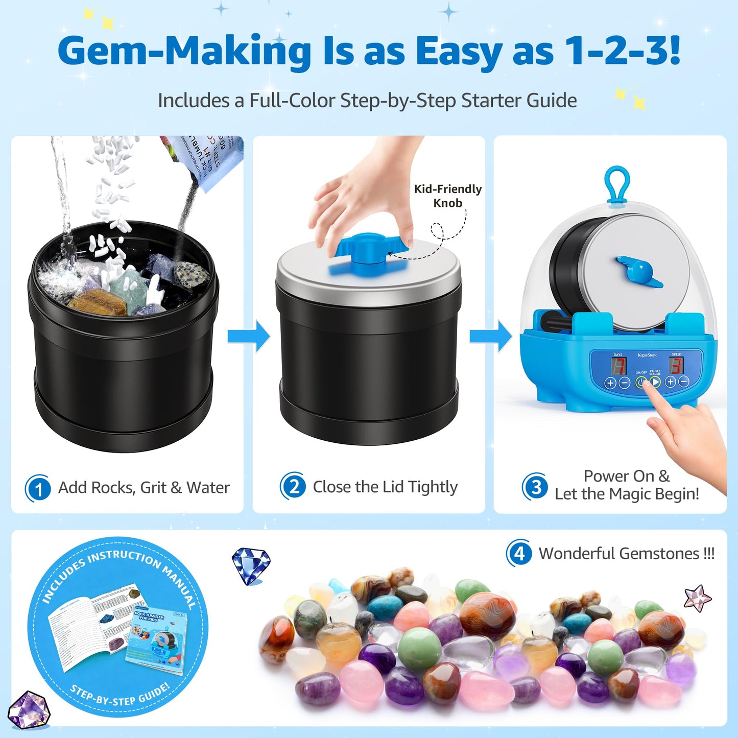KomeStone K5 Rock Tumbler for Kids & Beginners – Quiet, Complete Starter Kit