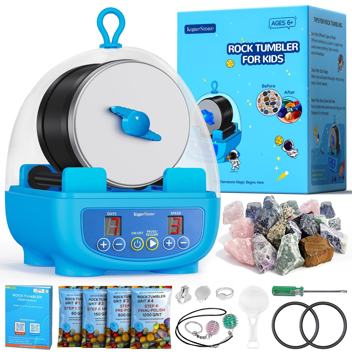 KomeStone K5 Rock Tumbler for Kids & Beginners – Quiet, Complete Starter Kit