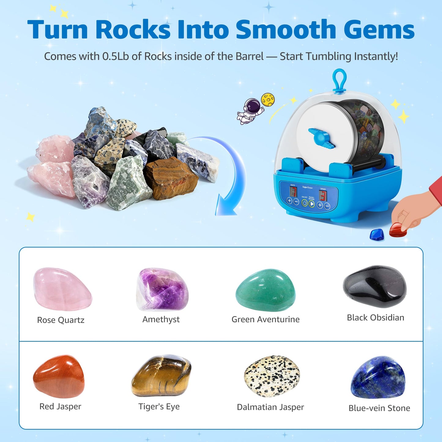 KomeStone K5 Rock Tumbler for Kids & Beginners – Quiet, Complete Starter Kit