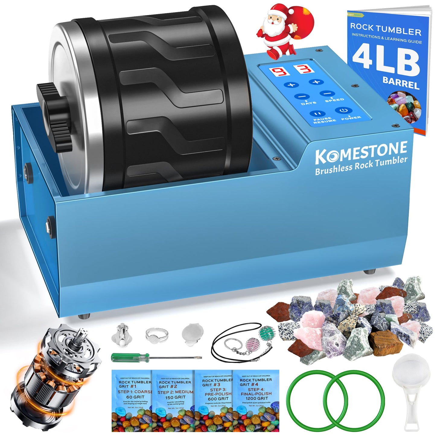 KomeStone Professional Rock Tumbler Kit – 4lb Barrel, Brushless Motor, Adjustable Speed, 9-Day Timer
