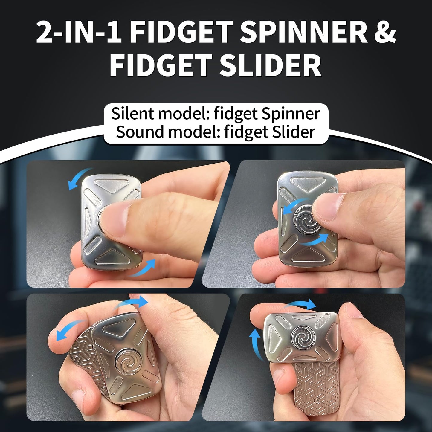 KOMO EDC Vortex Fidget Toy – 2-in-1 Spinner & Slider (Silver)