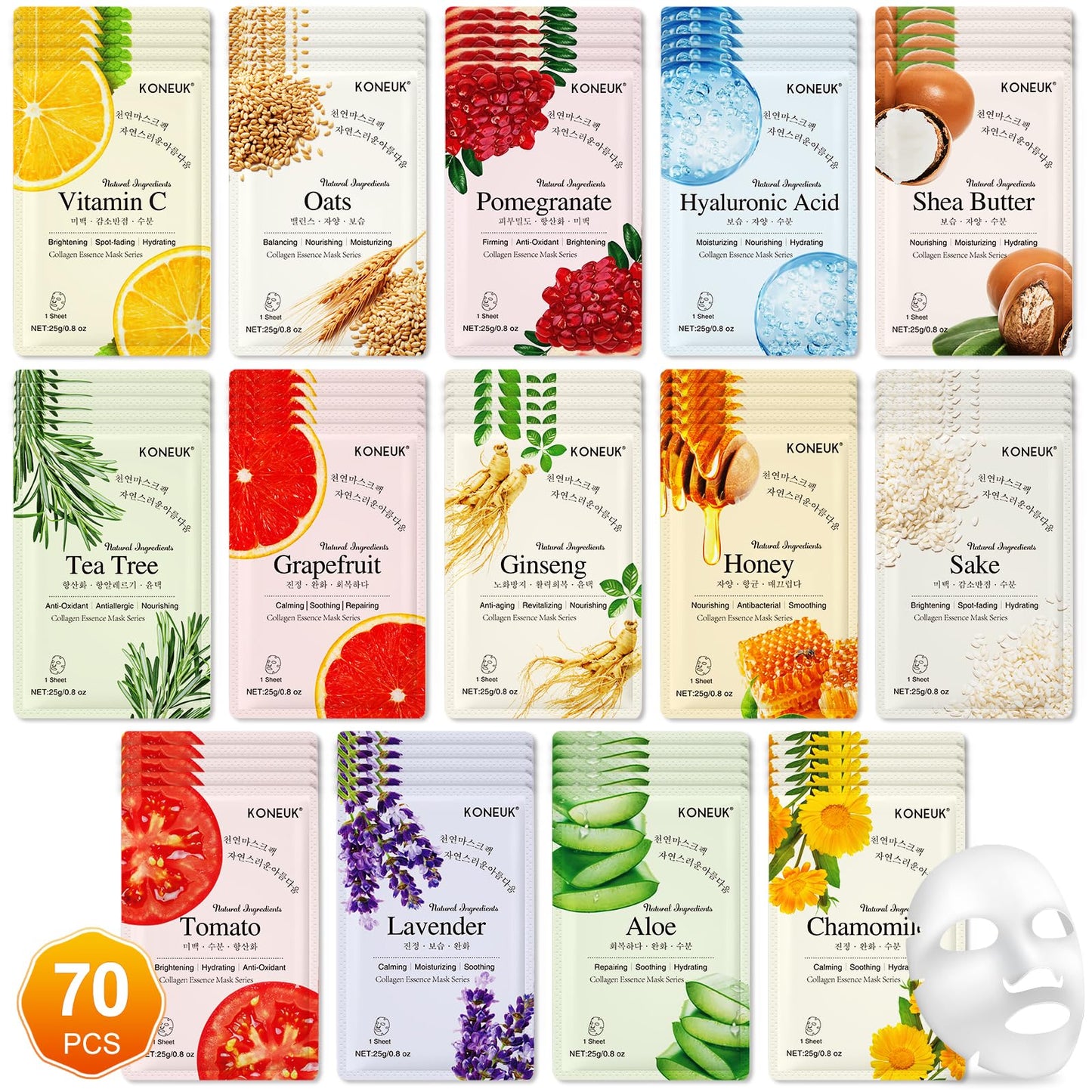 KONEUK 70-Pack Sheet Masks – Hydrating Facial Masks for All Skin Types