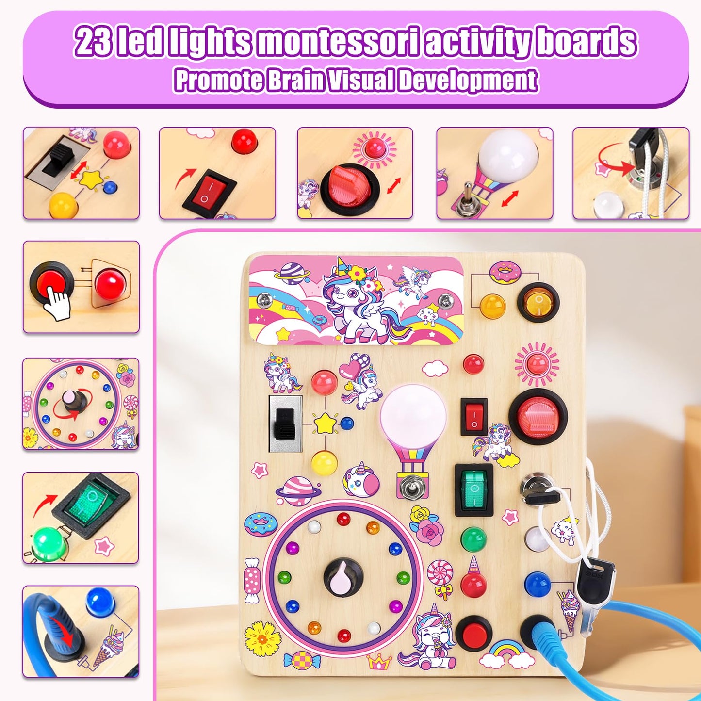 Konijiwa Busy Board v2 – Montessori Sensory Toy for Toddlers 1-3 | Unicorn Busy Board