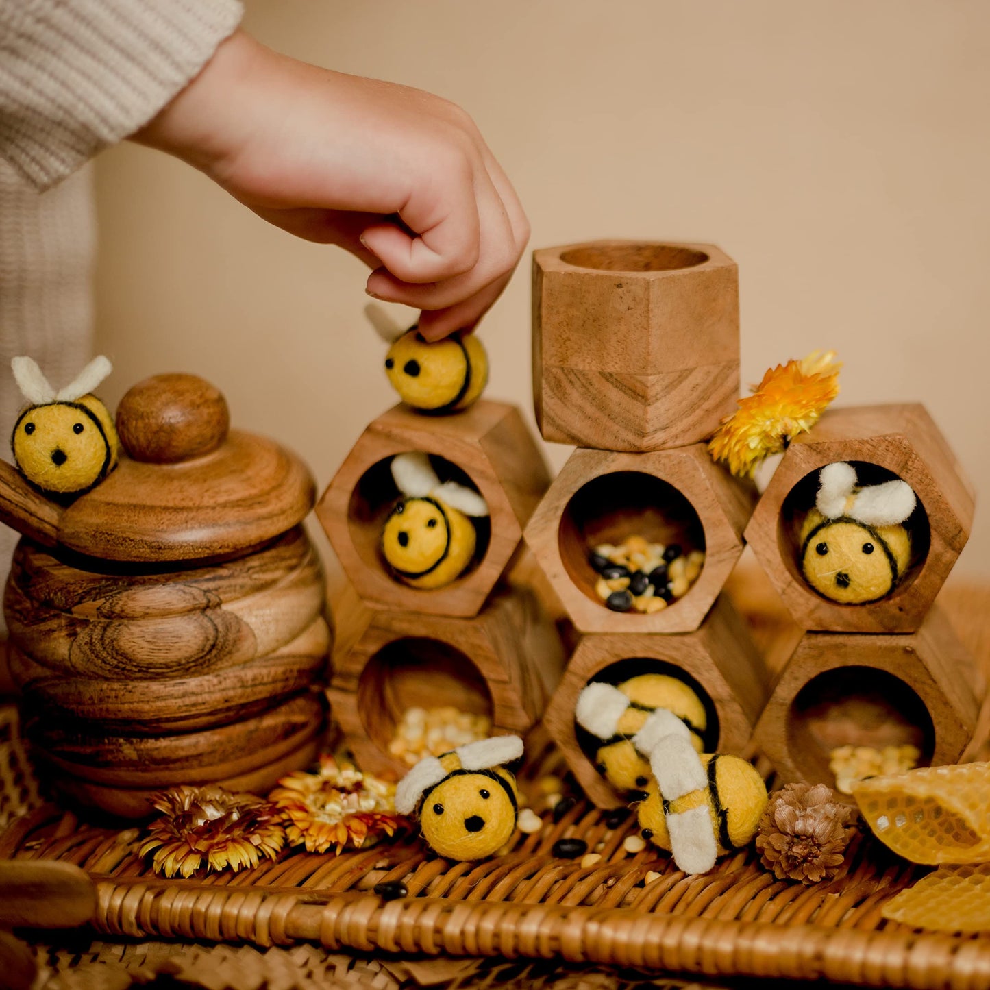 KOOKAROO Wooden Bee Hive Sorting & Stacking Toys for 3-Year-Olds – Montessori Fine Motor Play