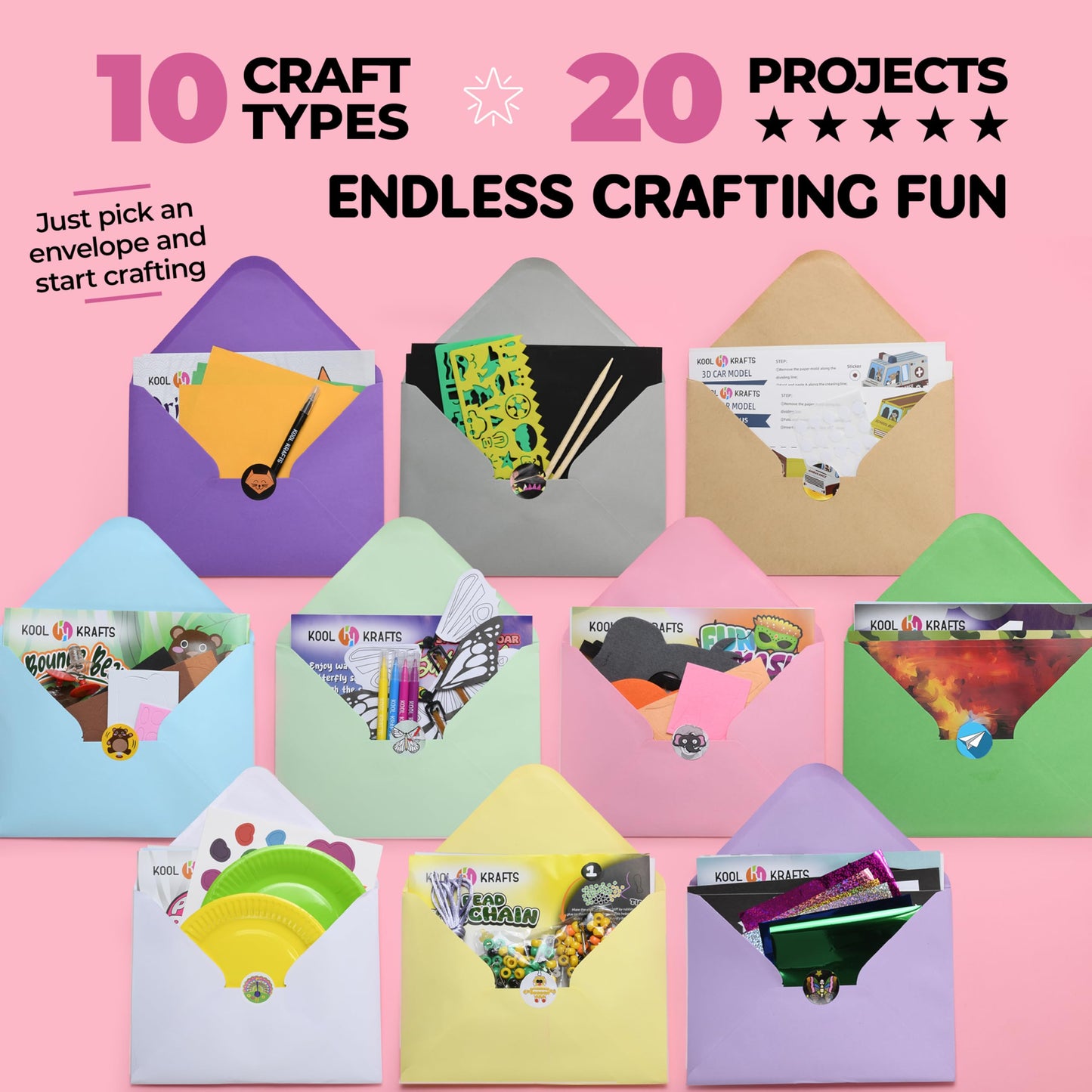 KOOL KRAFTS 20 Arts & Crafts Kit for Kids – All-Inclusive, Mess-Free, Easy Step-by-Step Activities