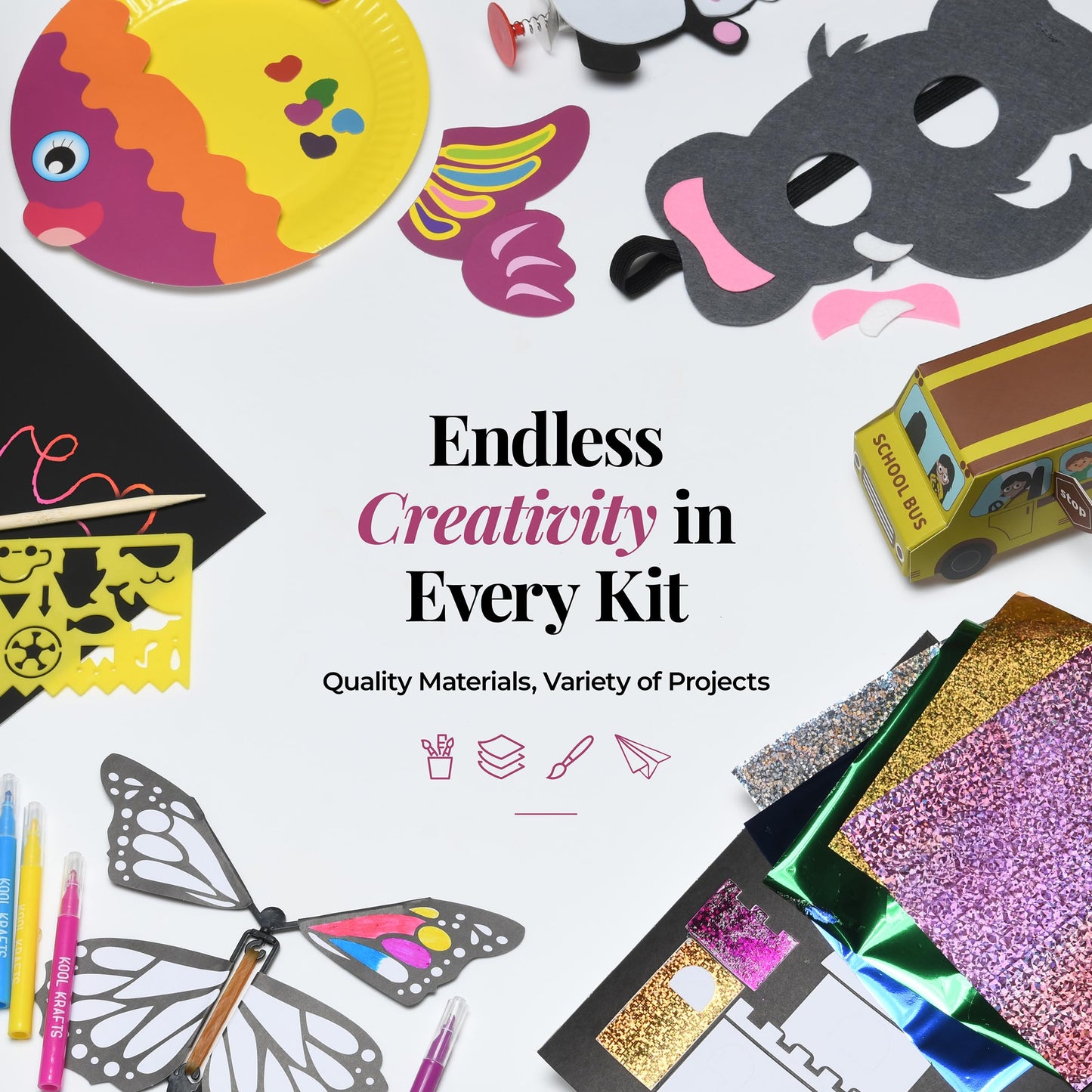 KOOL KRAFTS 20 Arts & Crafts Kit for Kids – All-Inclusive, Mess-Free, Easy Step-by-Step Activities