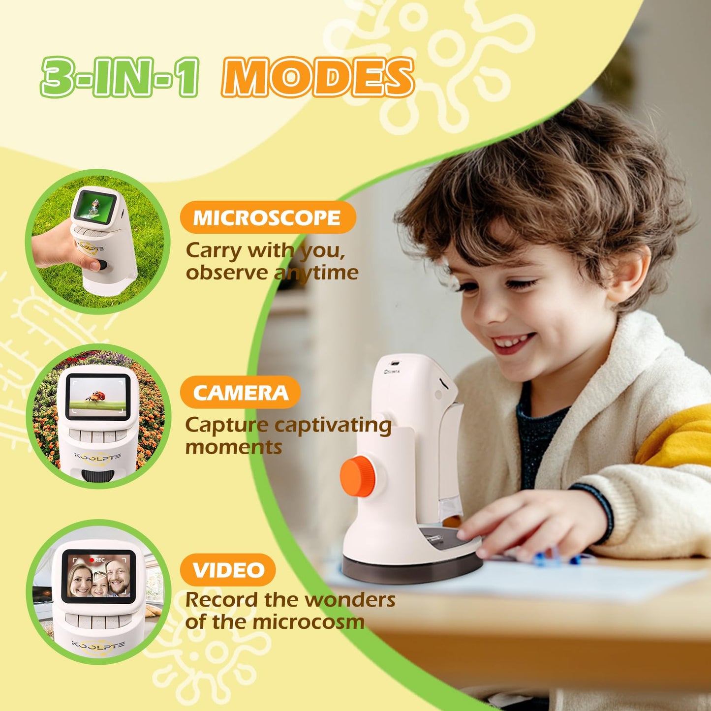 Koolpte Kids Microscope 1000X HD Pocket Scope with 2.1'' LCD – Educational Gift for 8-12