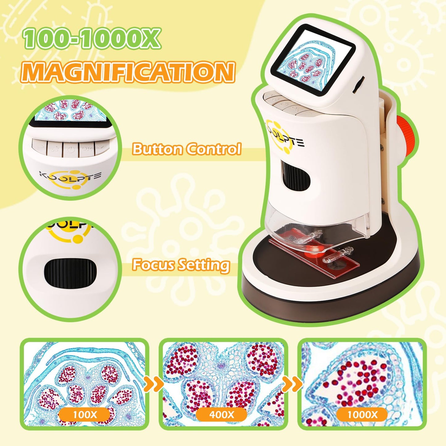 Koolpte Kids Microscope 1000X HD Pocket Scope with 2.1'' LCD – Educational Gift for 8-12