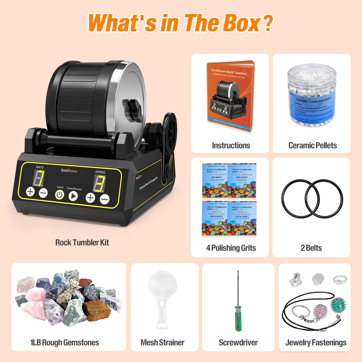 KoolStone C1 Rock Tumbler Kit — 2.5lb Capacity, 3-Speed, 9-Day Timer, Quiet