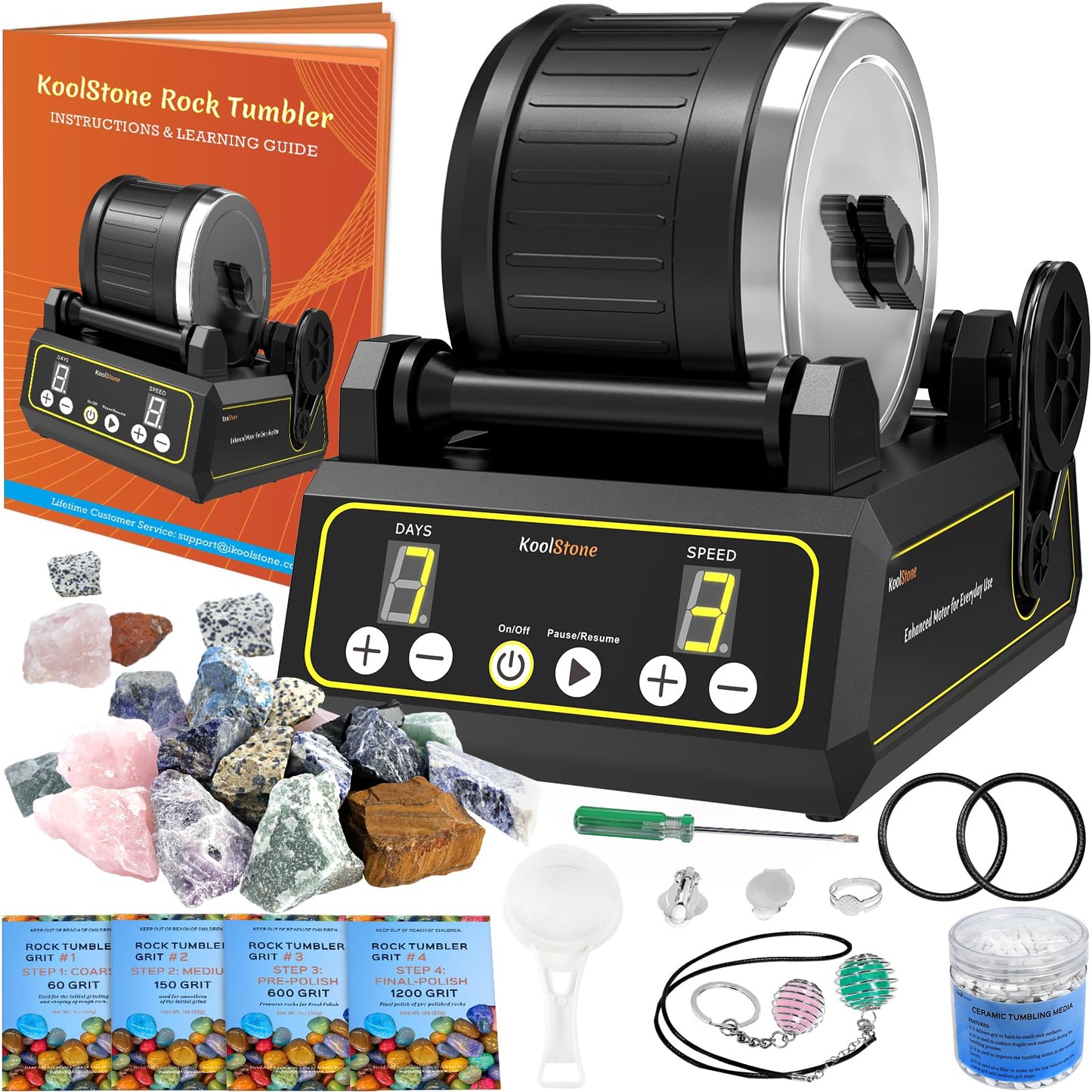 KoolStone C1 Rock Tumbler Kit — 2.5lb Capacity, 3-Speed, 9-Day Timer, Quiet