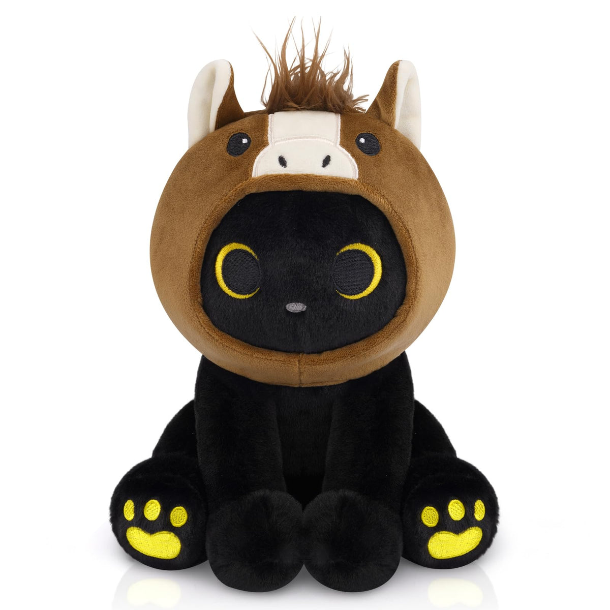 KOPHINYE Black Cat Plush with Removable Brown Horse Hood – 8-Inch Toy