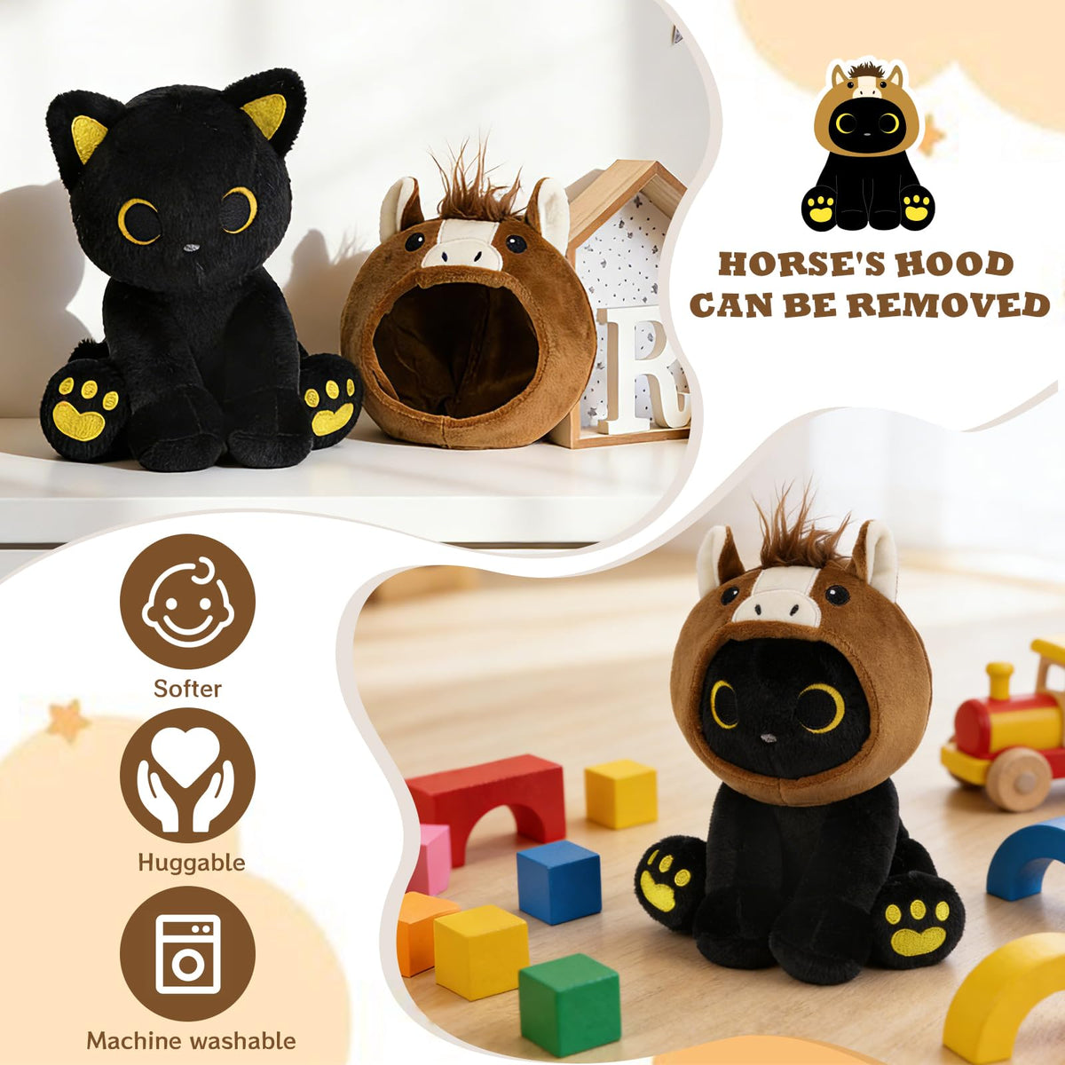 KOPHINYE Black Cat Plush with Removable Brown Horse Hood – 8-Inch Toy