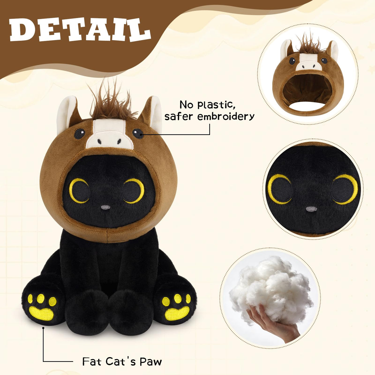 KOPHINYE Black Cat Plush with Removable Brown Horse Hood – 8-Inch Toy