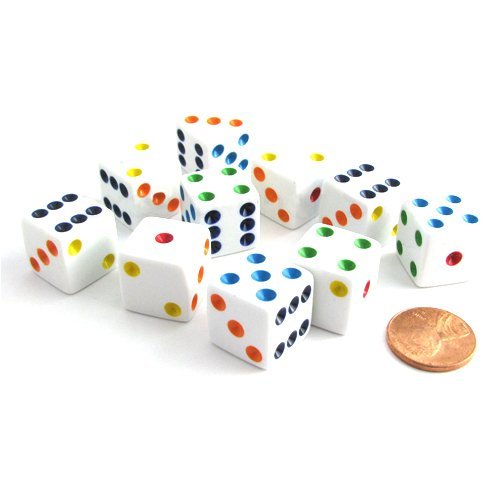 Koplow Set of 10 D6 Dice – 16mm White with Multicolor Pips