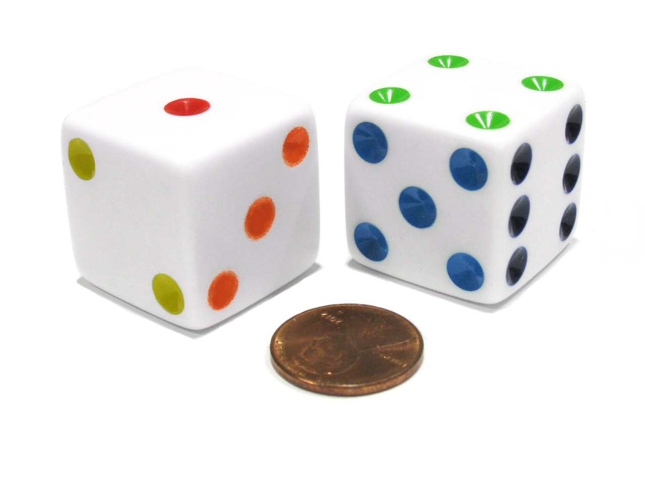 Koplow Games D6 25mm Jumbo Dice – Set of 2, White with Multicolor Pips