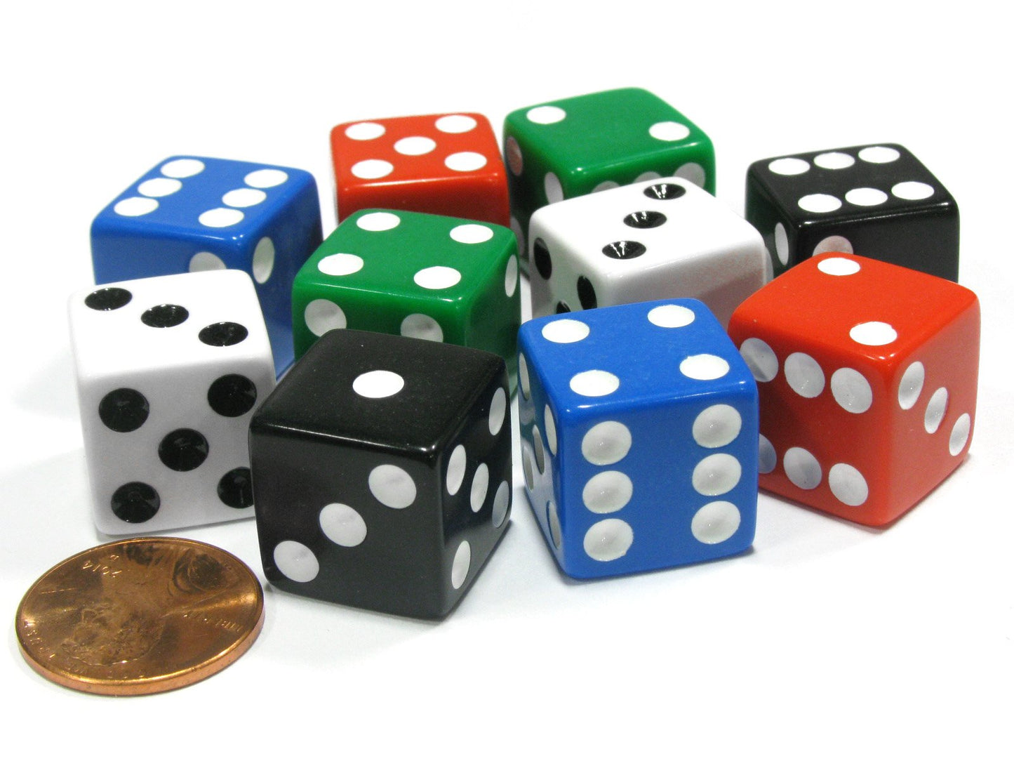 Koplow Games Set of 10 D6 Dice - 16mm Square Edged, 2 Each Color (Red White Blue Green Black)