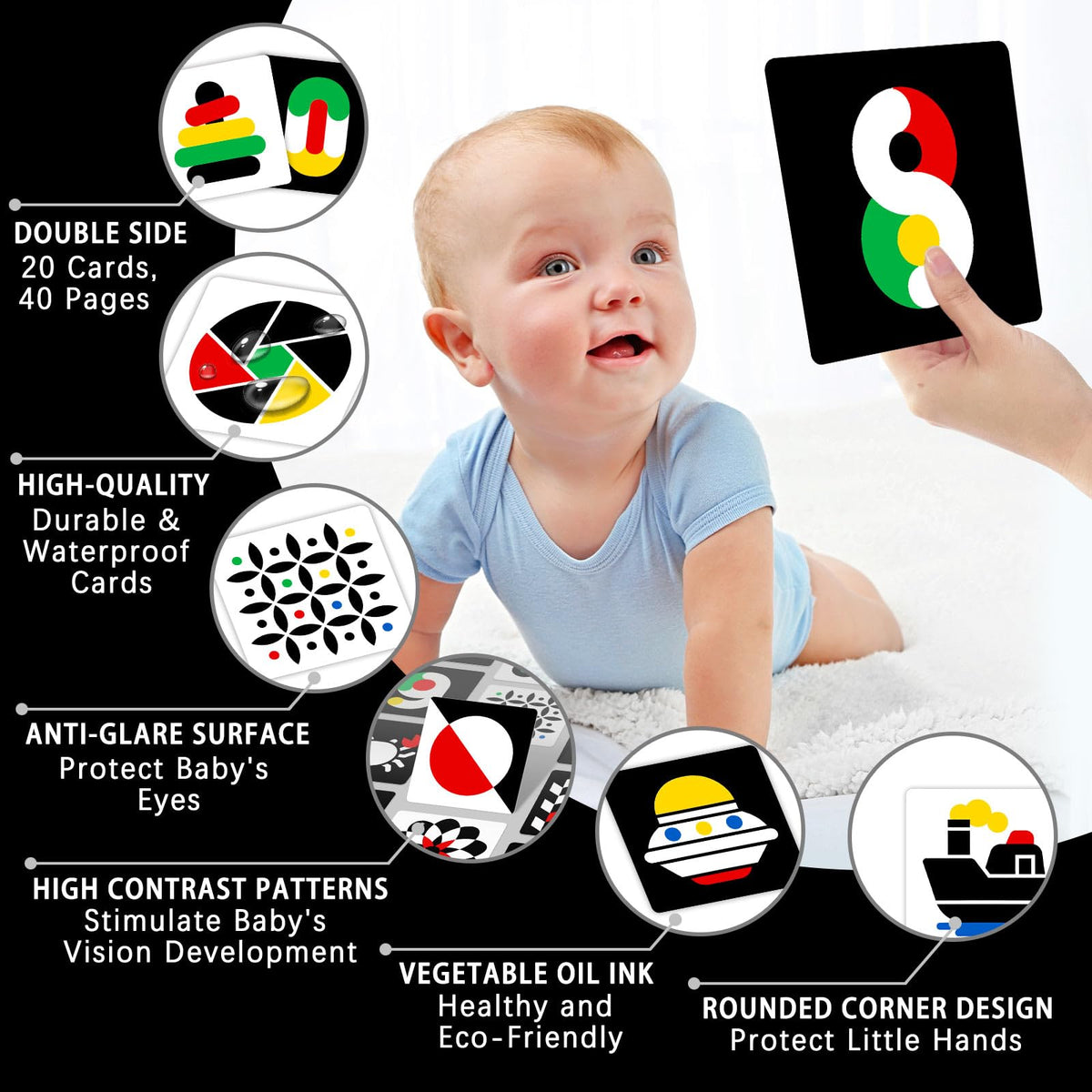 Kopokita High Contrast Baby Flashcards – Black & White Cards with Red, Yellow & Blue (20 Pcs, 40 Pages, 5.7" x 5.7")
