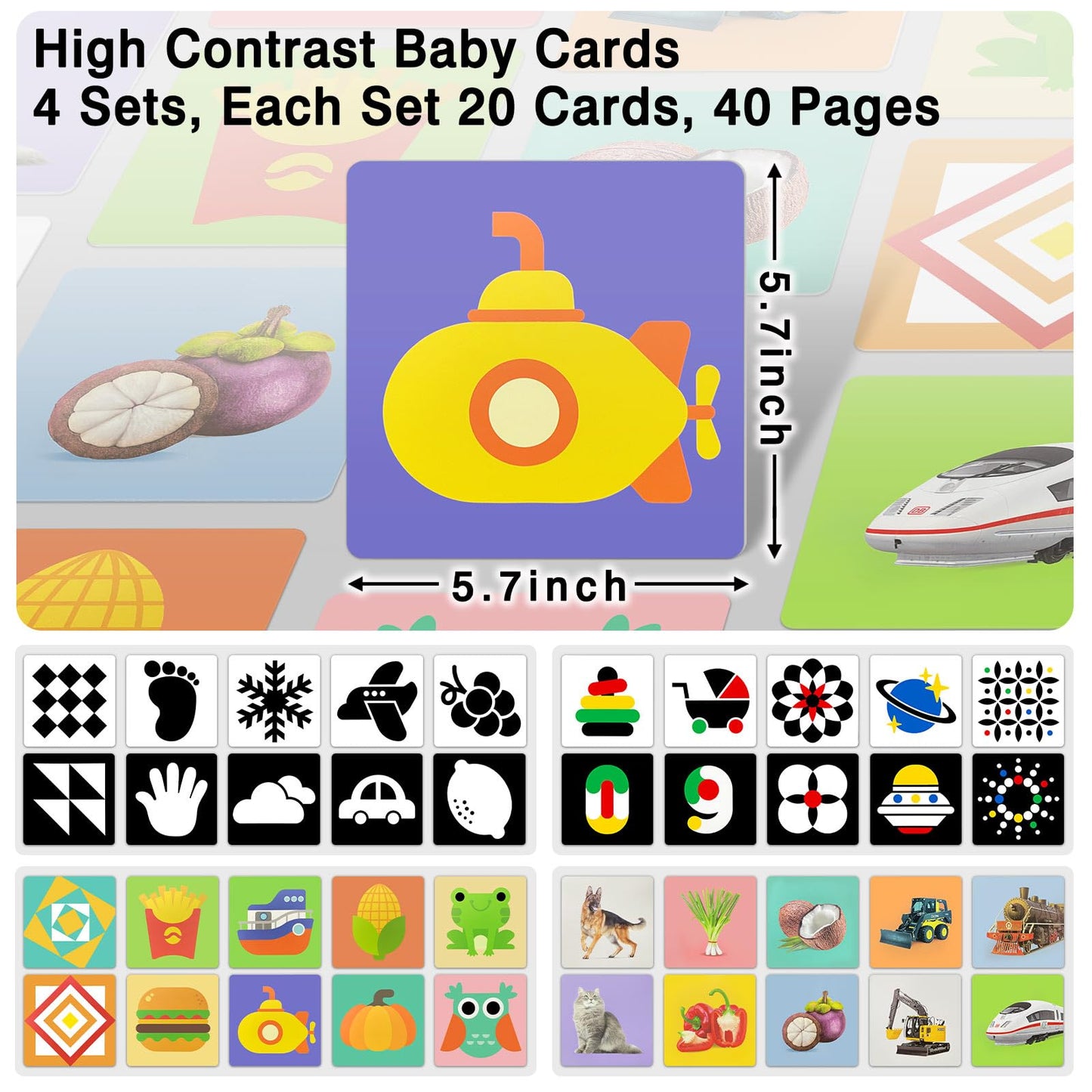 Kopokita 4 Sets High-Contrast Baby Cards – 80 Cards, 160 Pages, 0-36 Months