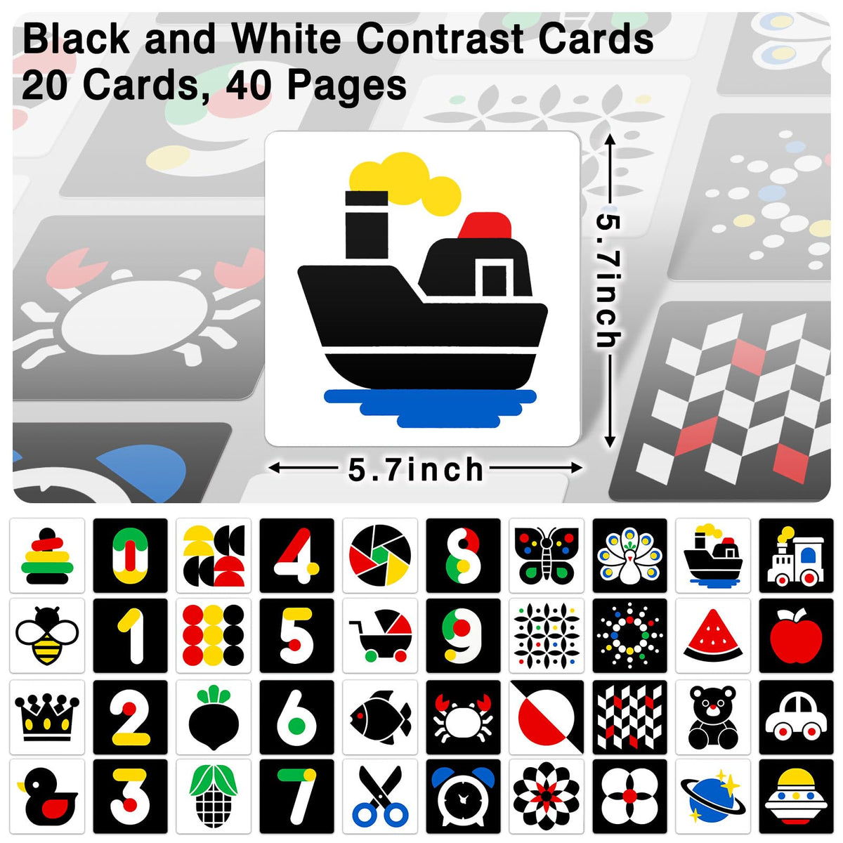 Kopokita High Contrast Baby Flashcards – Black & White Cards with Red, Yellow & Blue (20 Pcs, 40 Pages, 5.7" x 5.7")