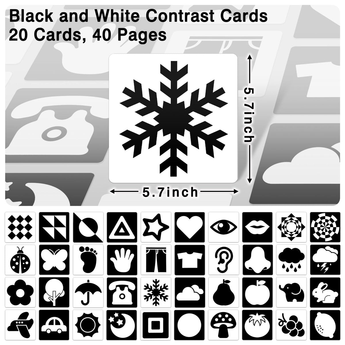 Kopokita High Contrast Baby Cards for Newborns – 20 Pcs, 5.7in x 5.7in, Black & White Visual Stimulation