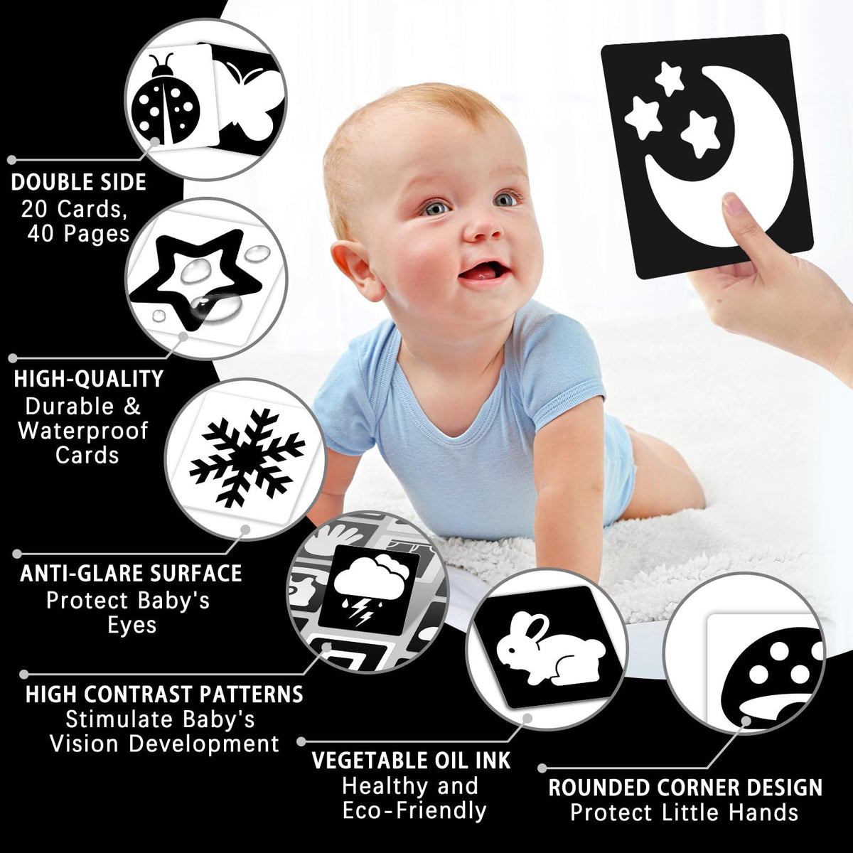 Kopokita High Contrast Baby Cards for Newborns – 20 Pcs, 5.7in x 5.7in, Black & White Visual Stimulation