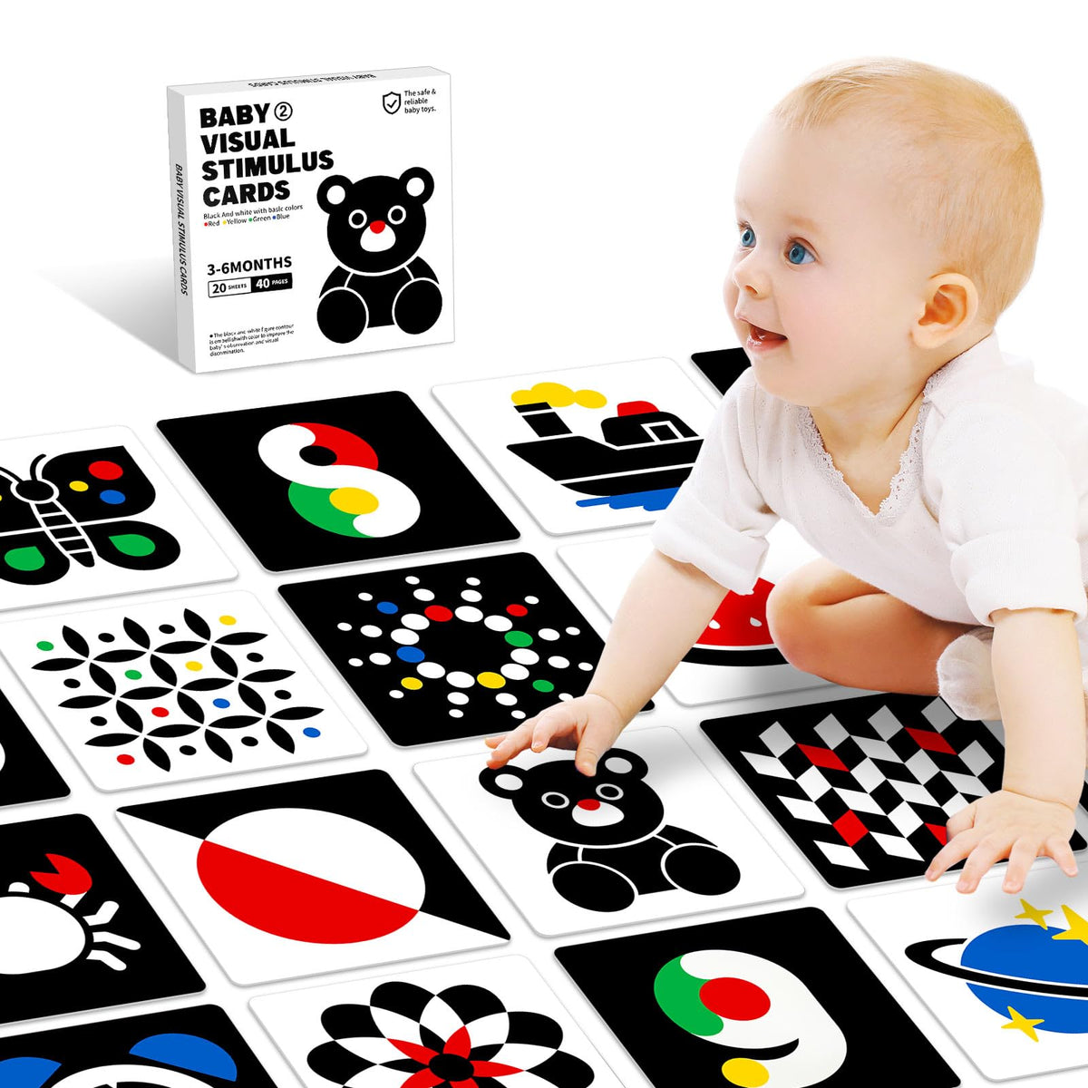 Kopokita High Contrast Baby Flashcards – Black & White Cards with Red, Yellow & Blue (20 Pcs, 40 Pages, 5.7" x 5.7")