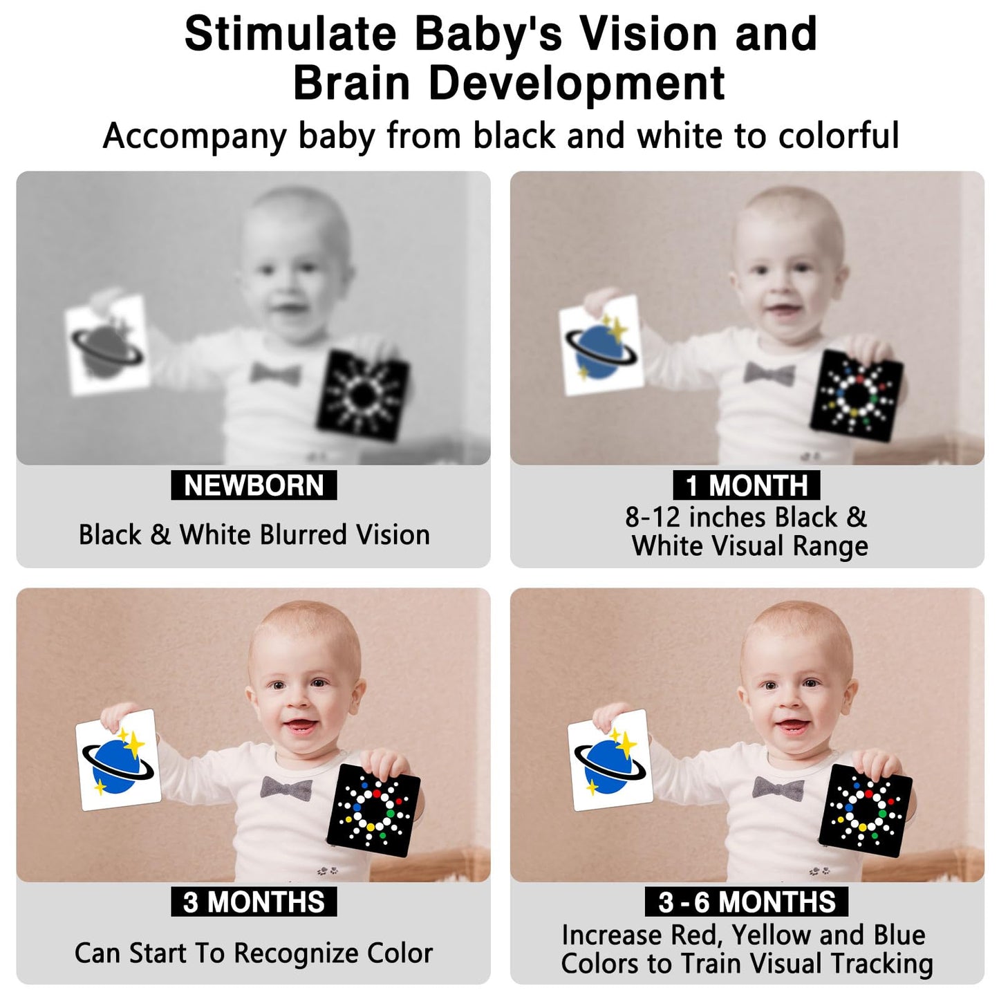 Kopokita High Contrast Baby Flashcards – Black & White Cards with Red, Yellow & Blue (20 Pcs, 40 Pages, 5.7" x 5.7")