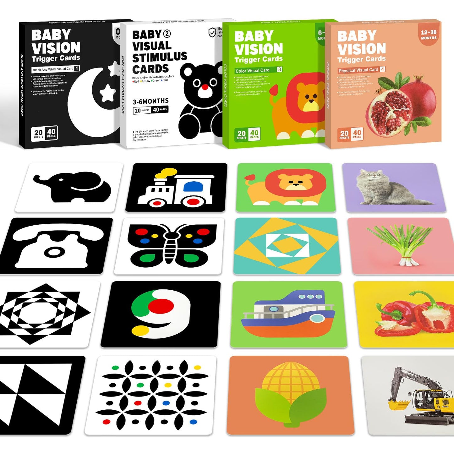 Kopokita 4 Sets High-Contrast Baby Cards – 80 Cards, 160 Pages, 0-36 Months