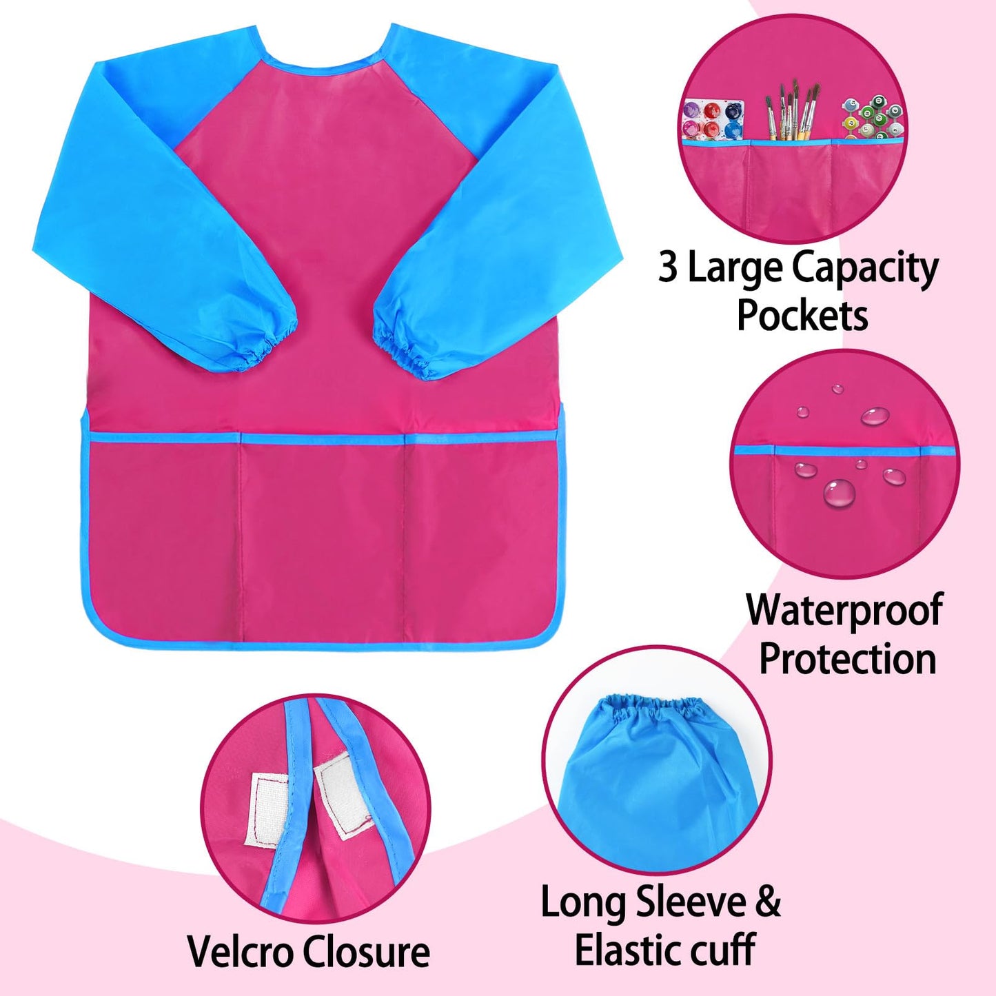 Kopokita Kids Art Smock – Waterproof Painting Apron for Toddlers 2–6 (Hot Pink)