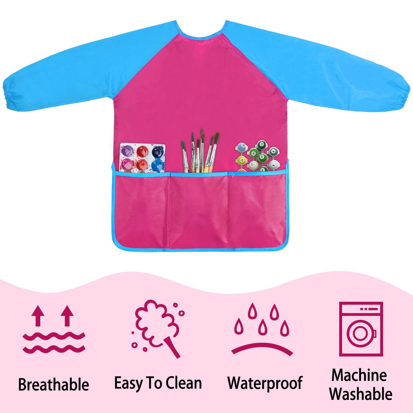 Kopokita Kids Art Smock – Waterproof Painting Apron for Toddlers 2–6 (Hot Pink)