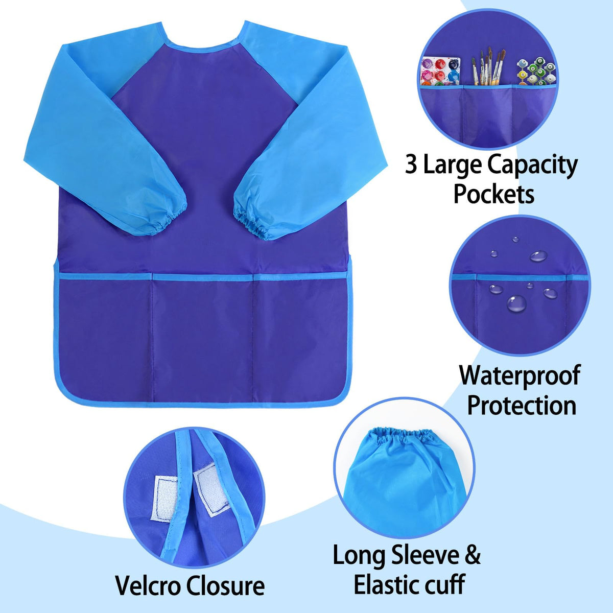 Kopokita Kids Art Smock – Waterproof Painting Apron with Long Sleeves & Pockets (Blue)