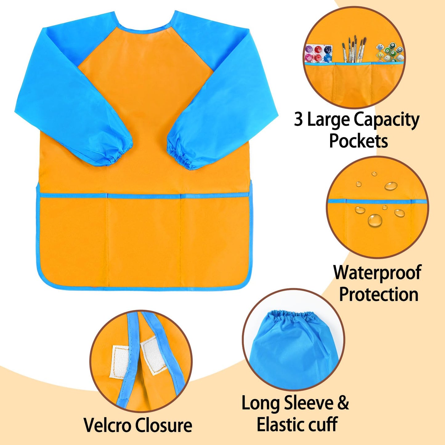 Kopokita Kids Art Smock – Waterproof Painting Apron for Toddlers 2–6 (Orange) with 3 Pockets