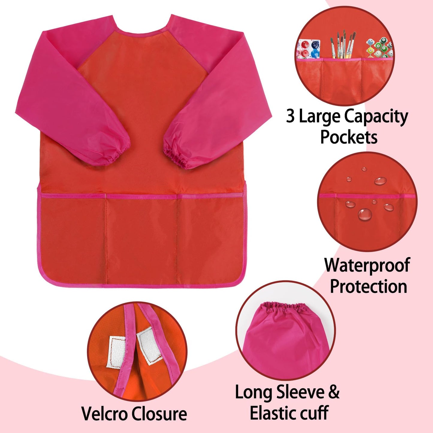 Kopokita Kids Art Smock – Waterproof Painting Apron with Long Sleeves, 3 Pockets, Red (Ages 2-6)