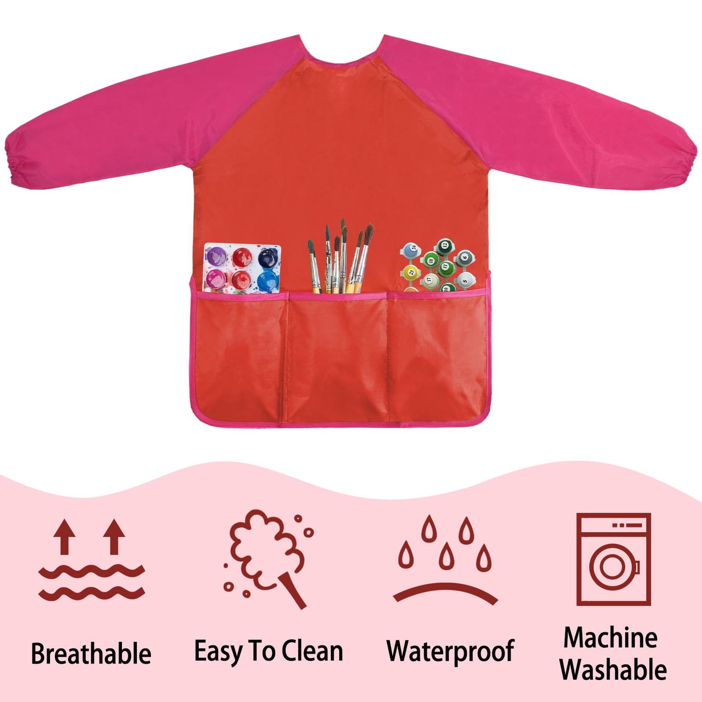 Kopokita Kids Art Smock – Waterproof Painting Apron with Long Sleeves, 3 Pockets, Red (Ages 2-6)