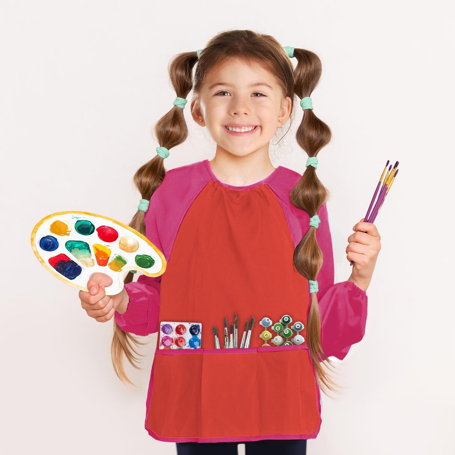 Kopokita Kids Art Smock – Waterproof Painting Apron with Long Sleeves, 3 Pockets, Red (Ages 2-6)