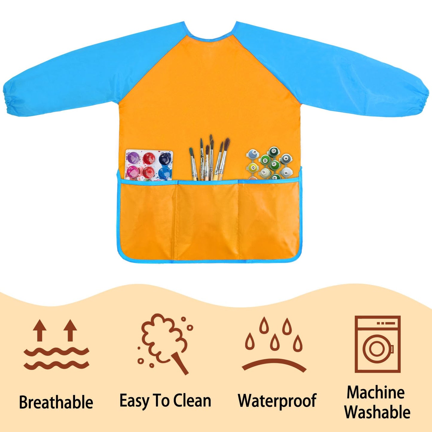 Kopokita Kids Art Smock – Waterproof Painting Apron for Toddlers 2–6 (Orange) with 3 Pockets