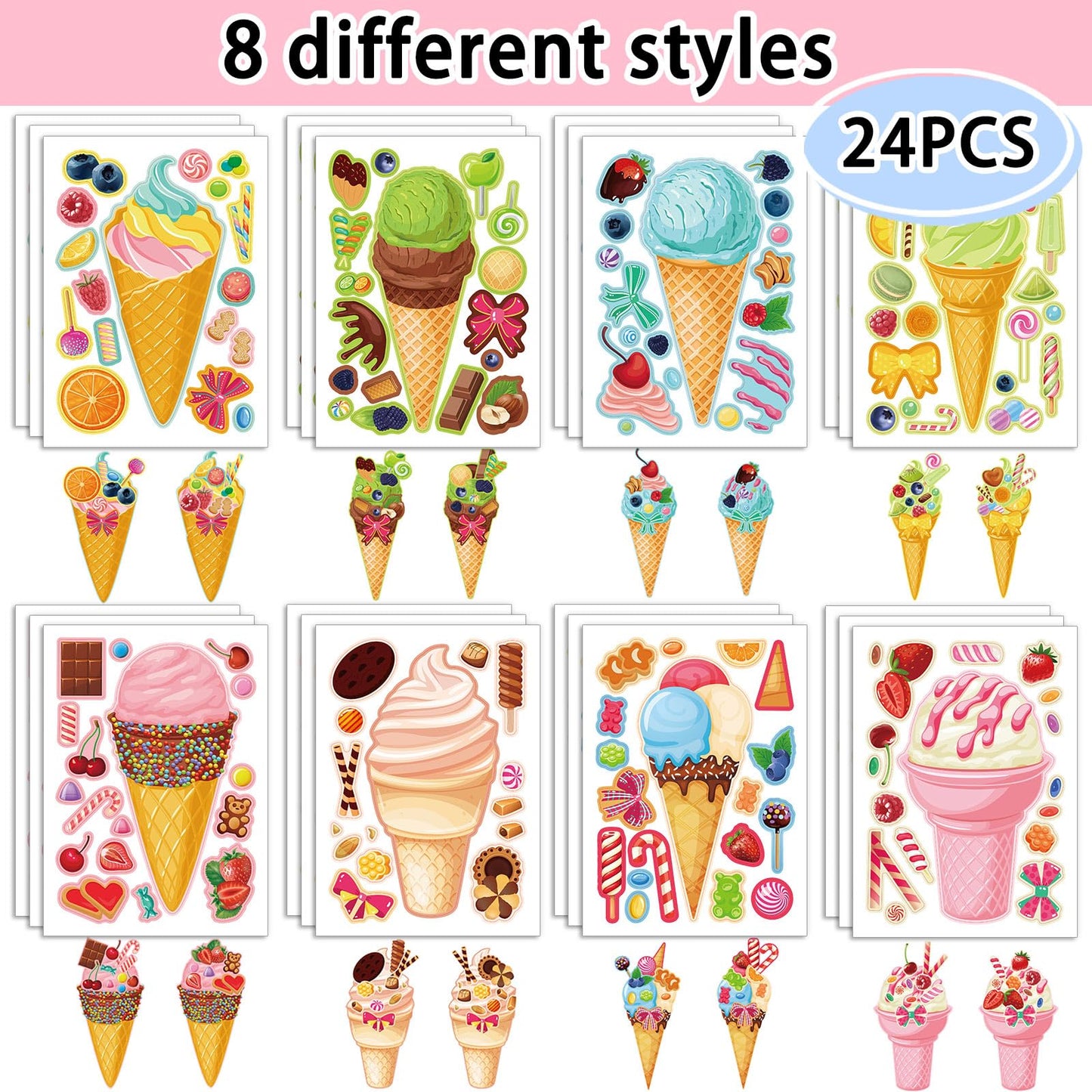 Kopokita 24 Sheets Make Your Own Ice Cream Stickers for Kids | Face Sticker Craft Kit