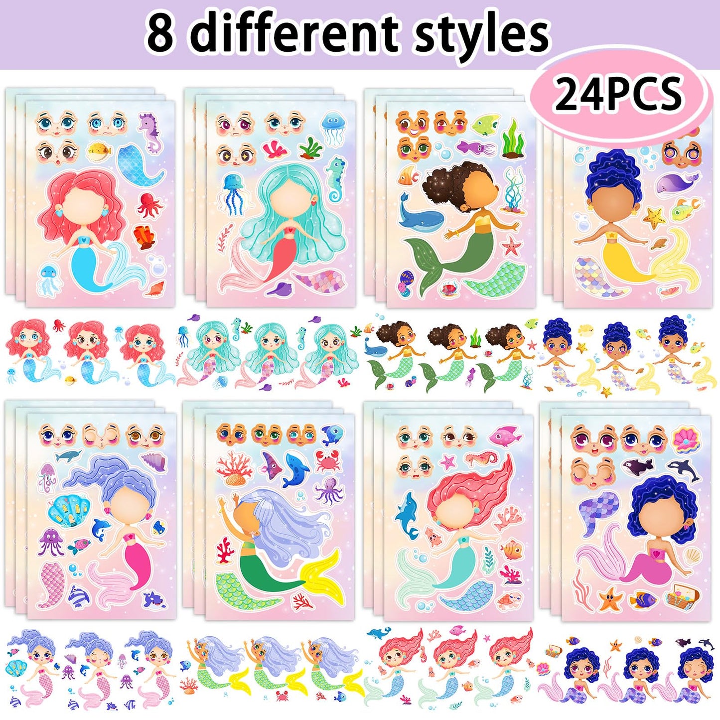 Kopokita Mermaid Stickers Set — 24 Sheets for Kids Crafts & Party Favors
