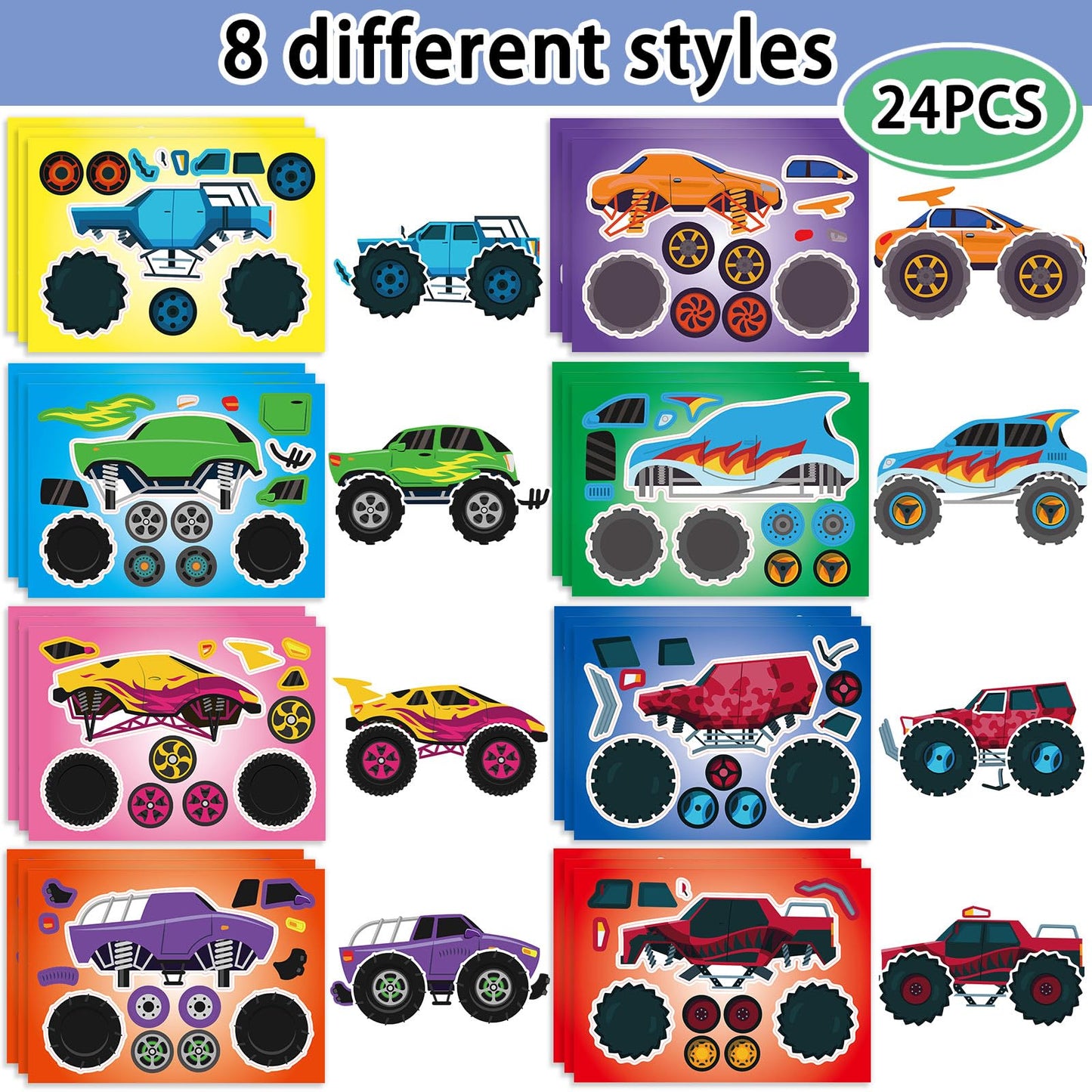 Kopokita 24 Sheets Monster Truck Stickers for Kids – DIY Face Sticker Craft Kit