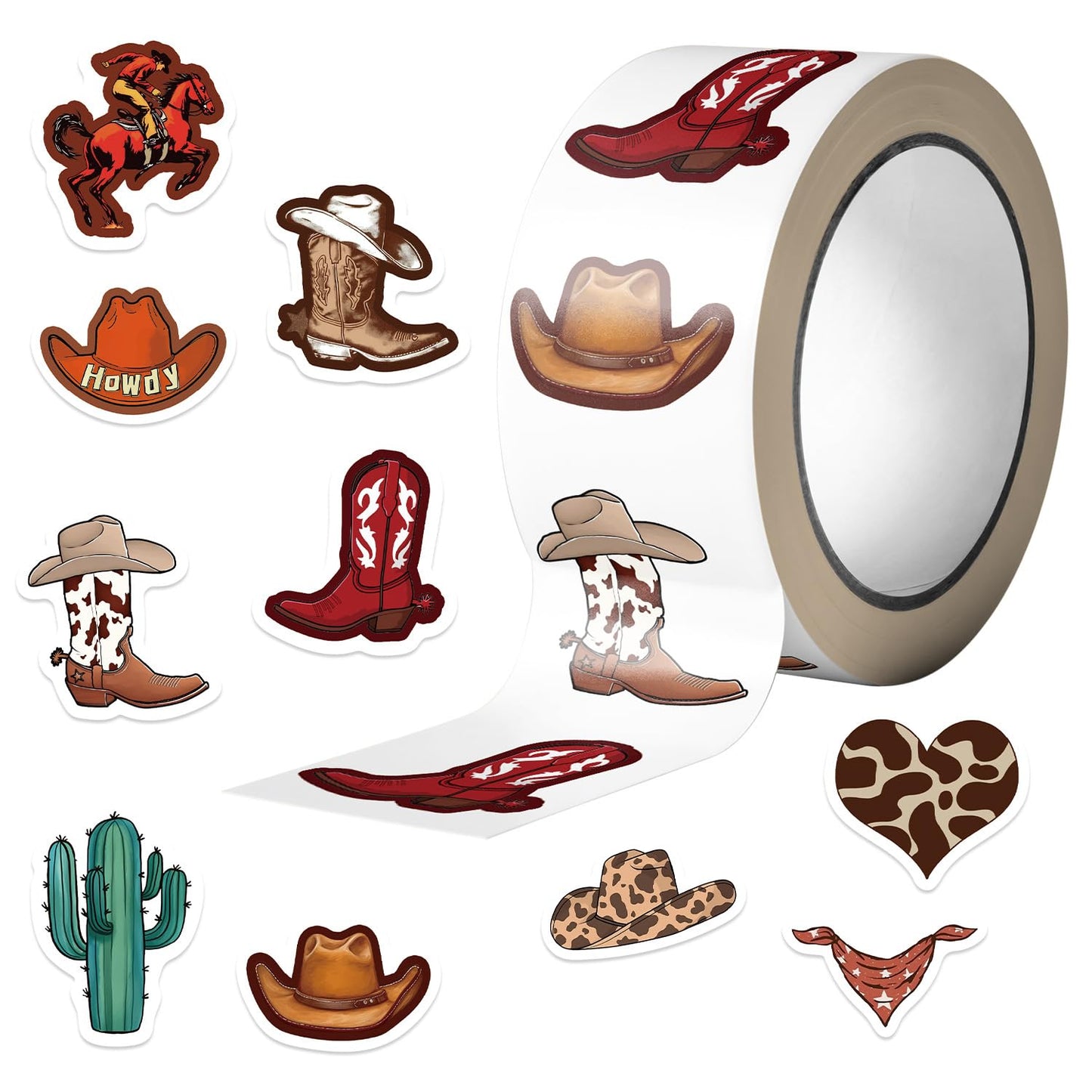 KOPTOP Western Cowboy Stickers Roll – 1000 Pieces, 2 Rolls, 10 Designs, Waterproof