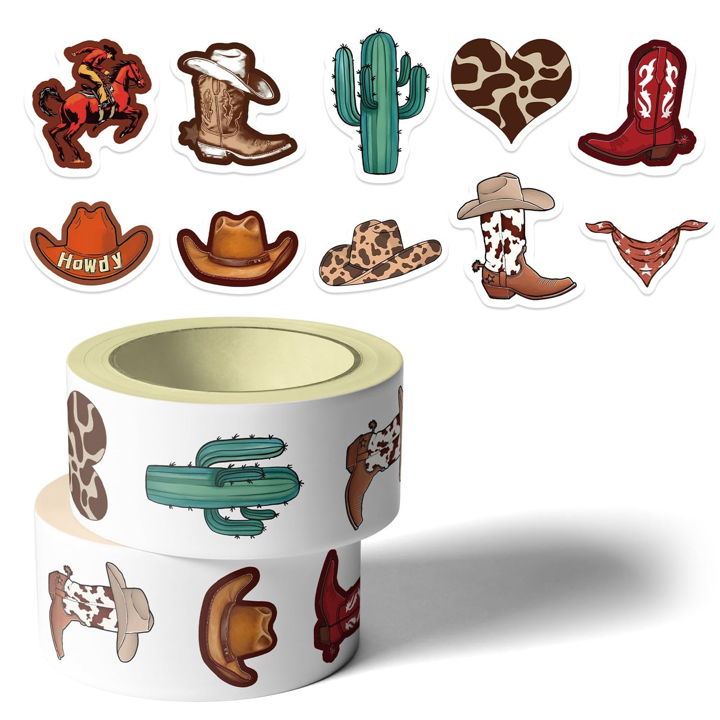 KOPTOP Western Cowboy Stickers Roll – 1000 Pieces, 2 Rolls, 10 Designs, Waterproof