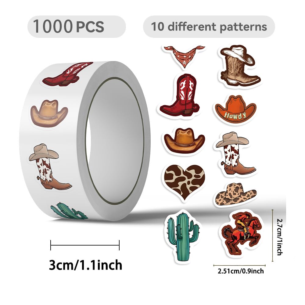 KOPTOP Western Cowboy Stickers Roll – 1000 Pieces, 2 Rolls, 10 Designs, Waterproof